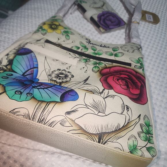 ANUSCHKA NWT HANDPAINTED FLORAL BUTTERFLY HOBO  BAG & MATCHING WALLET COMBO - Picture 2 of 16